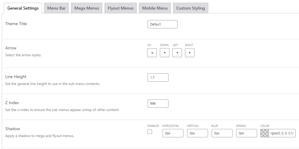 The General Settings for Menu Themes in the Max Mega Menu interface