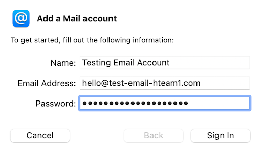 Filling the Name, Email Address, and Password field in the Mac Mail setup wizard