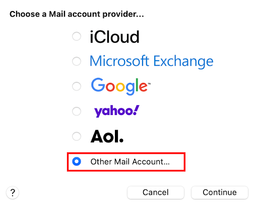 Selecting the Other Mail Account... option in the Mac Mail setup wizard