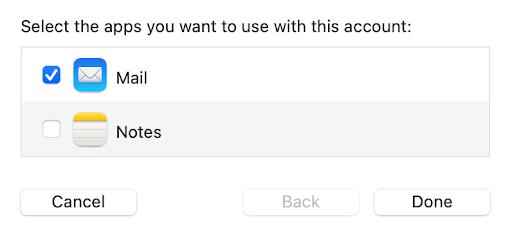 Selecting the Mail app to use with the email account