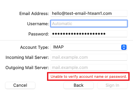 A screenshot showing the "Unable to verify account name or password" message in the Mac Mail setup wizard