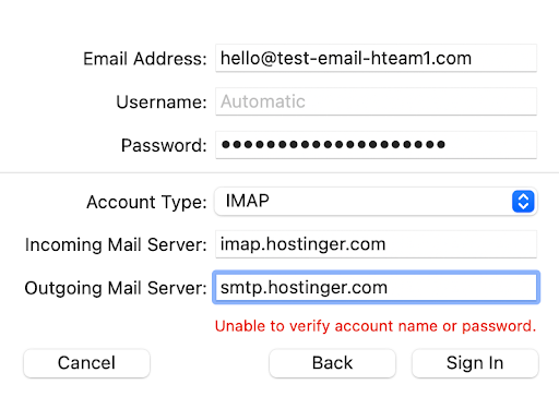 Filling the Incoming and Outgoing Mail Server field in the Mac Mail setup wizard