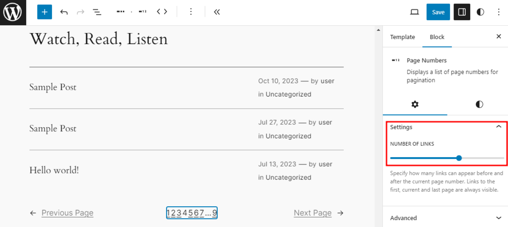 The pagination settings for the page numbers block