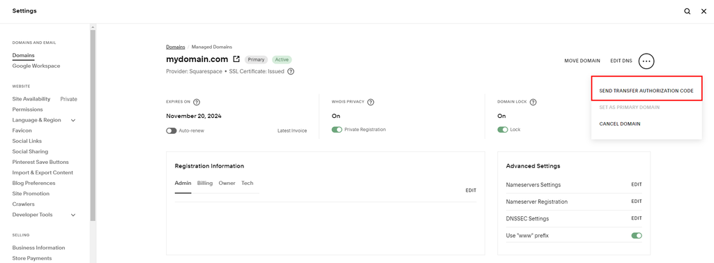 Squarespace Domains panel highlighting the button to send the auth code.