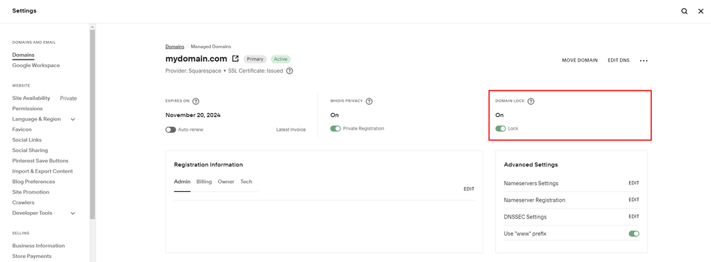 Squarespace Domains panel highlighting the Domain Lock toggle