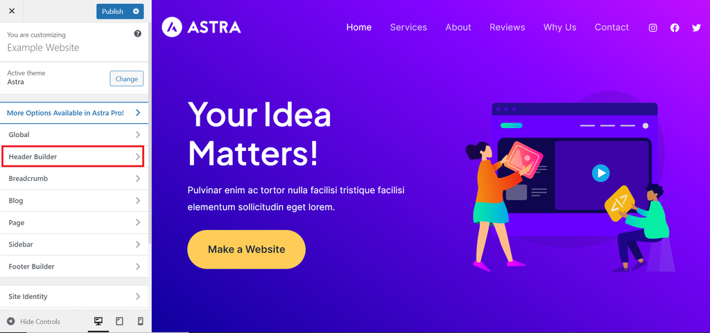 The Header Builder menu highlighted in the Astra theme's theme builder.