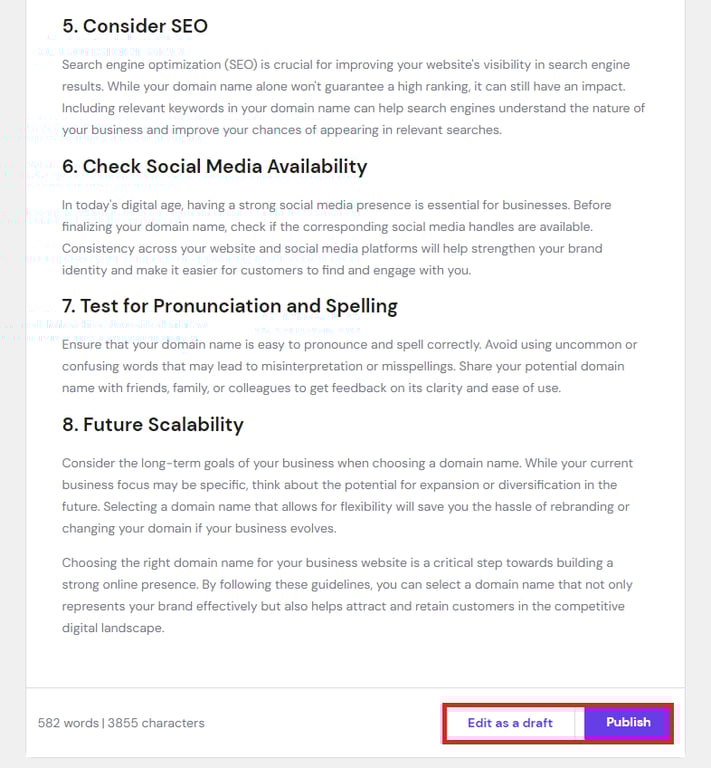 The result of AI-generated content on choosing a good domain name by the AI Assistant plugin