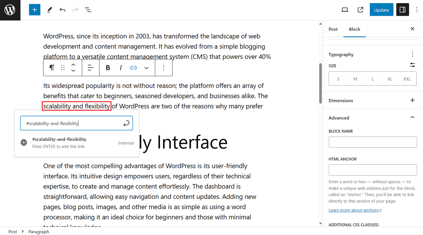 Adding an anchor link to a phrase using the Gutenberg editor.