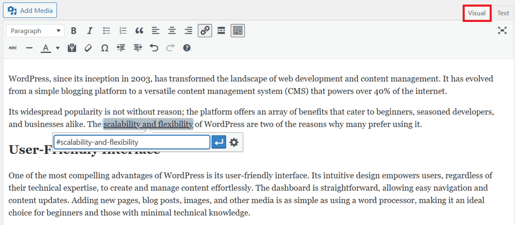 Adding an anchor link to a phrase using the WordPress classic editor's Visual mode.