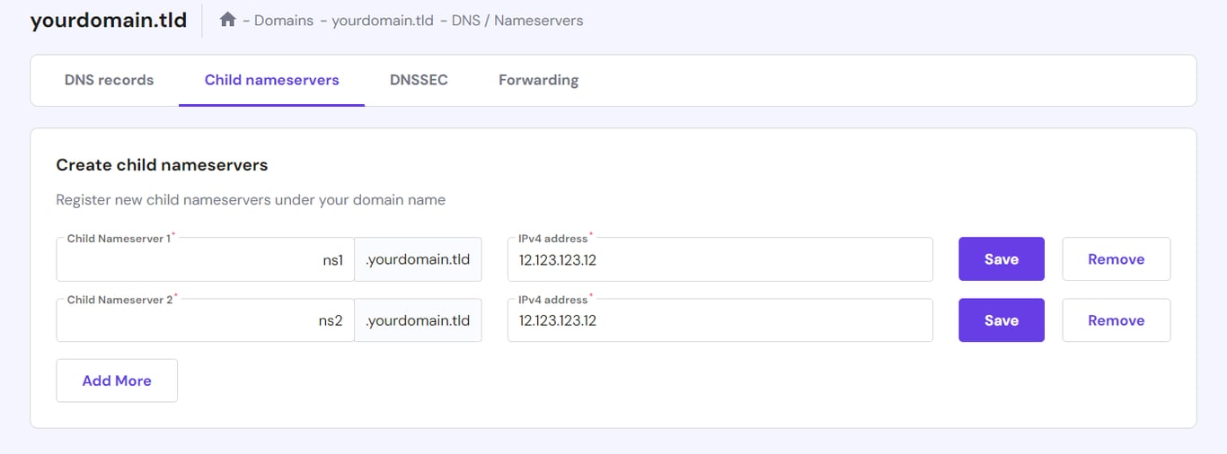 Child nameservers configuration menu in hPanel