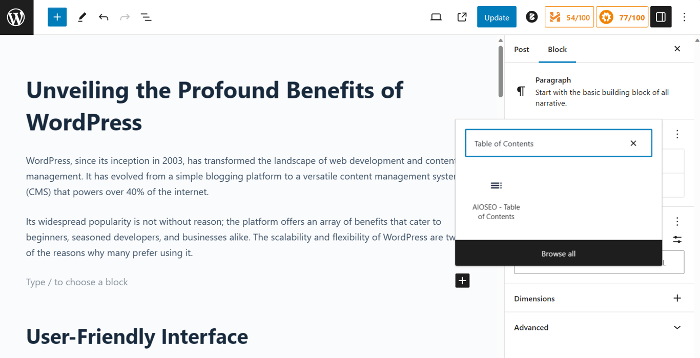 Inserting the AIOSEO table of contents block into a post using the WordPress block editor.