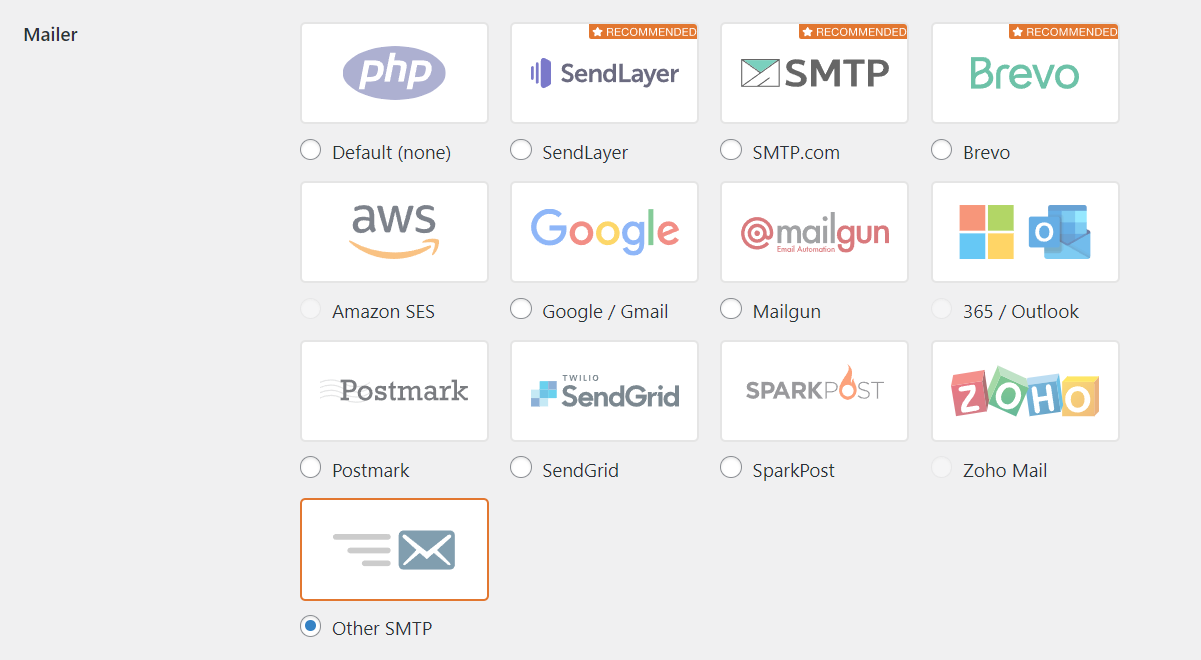 Mailer selection in WP Mail SMTP plugin