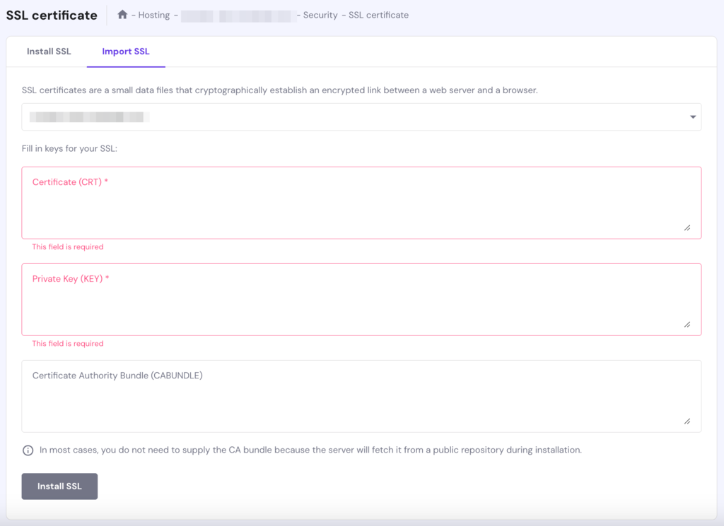 Import SSL option on the hPanel