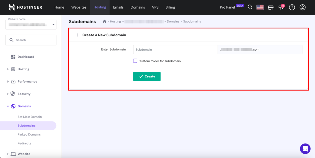 Create subdomain section in hPanel