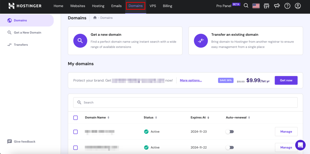 My domains section in hPanel