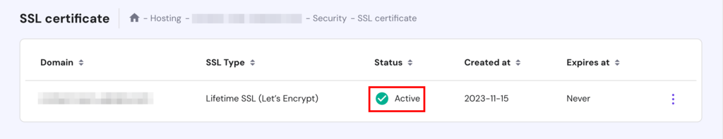 Active SSL certificate on hPanel