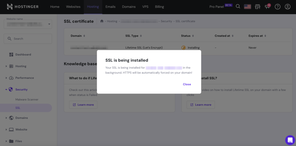SSL being installed notice on hPanel
