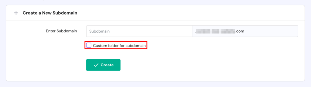 Checkbox for creating a custom folder for your subdomain