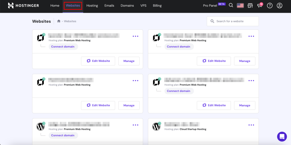 Hostinger hPanel Websites section
