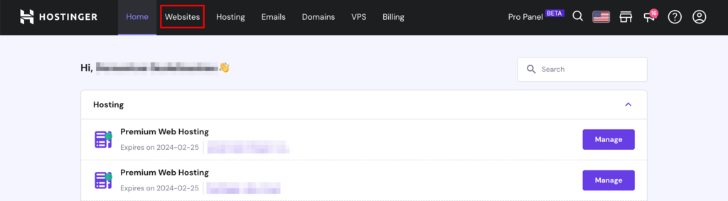 Hostinger account Home section
