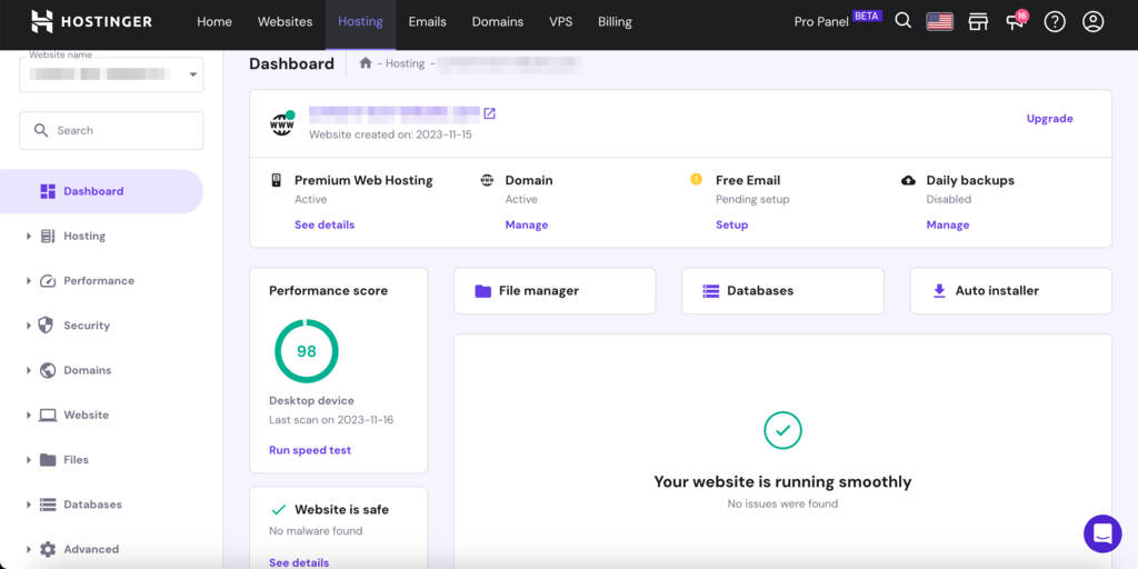 Hostinger hPanel dashboard