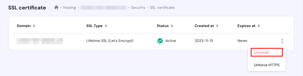 the uninstall SSL option