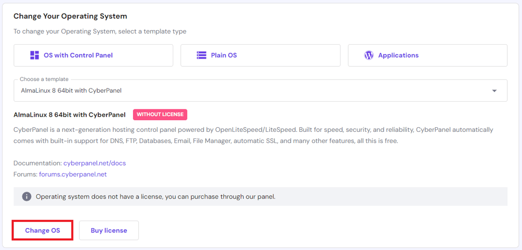The operating system installation menu in hPanel