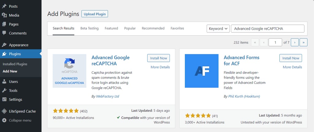 The plugin installation page in WordPress