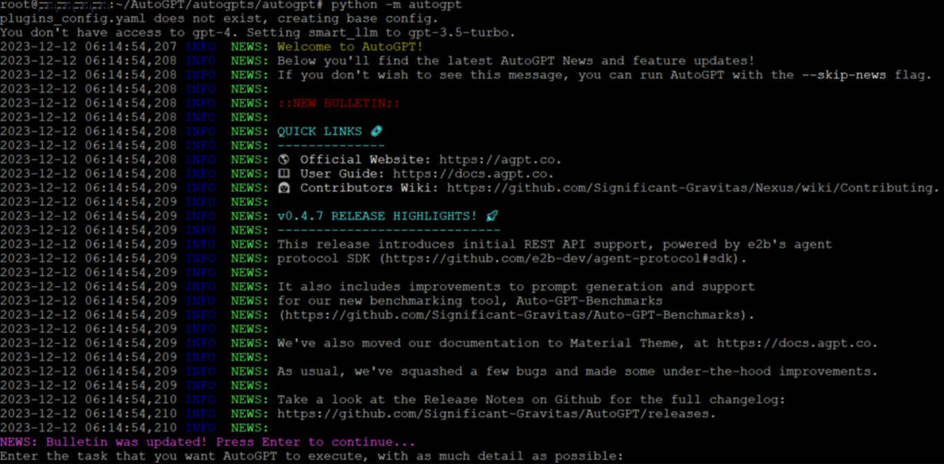 AutoGPT running in terminal