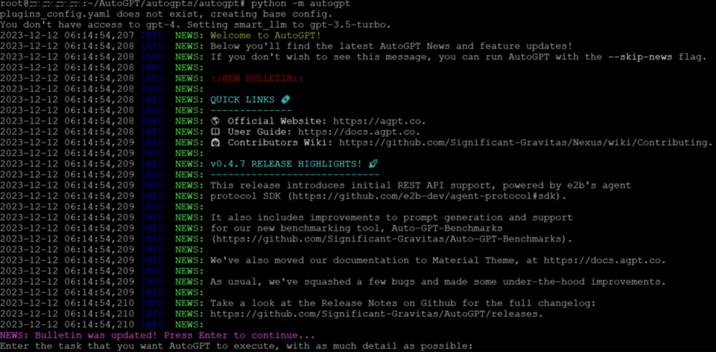 AutoGPT running in terminal