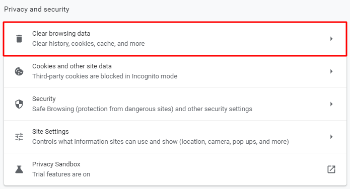 Google Chrome's Privacy and security highlights Clear browsing data