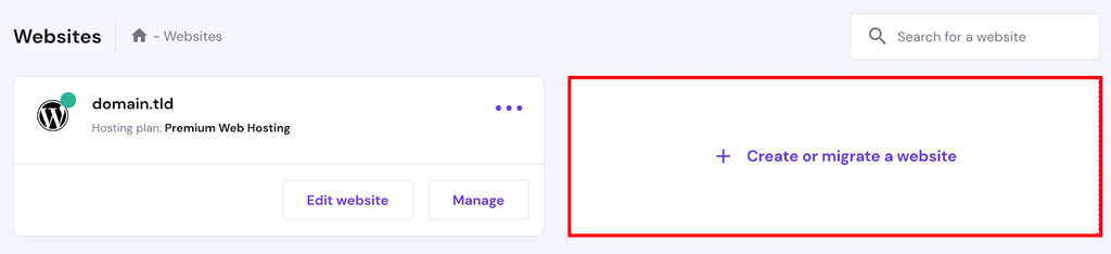  hPanel Website menu with create or migrate a website button highlighted