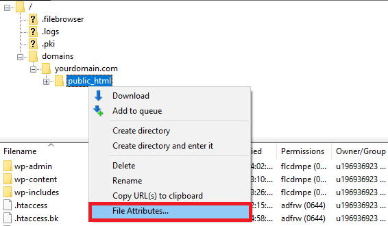 FileZilla FTP highlights the File Attributes option
