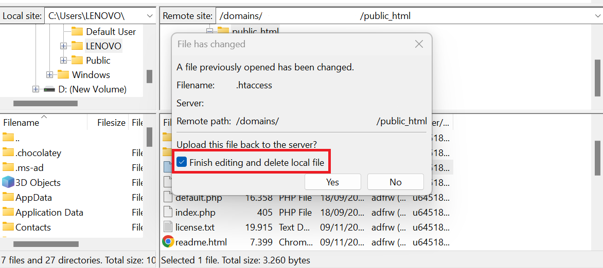Saving changes after modifying the .htaccess file, with the option to delete local file highlighted