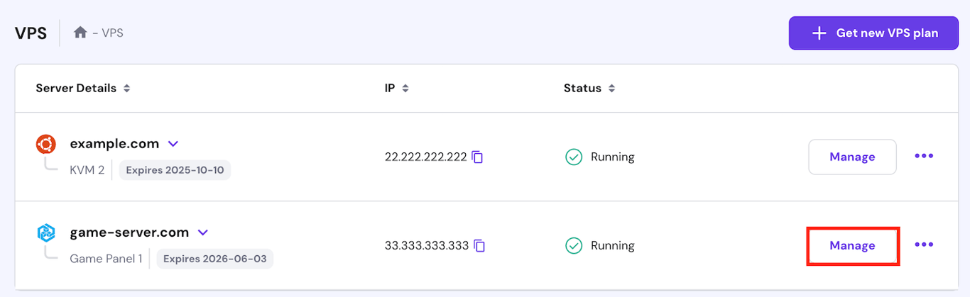 The Manage button on the game server instance