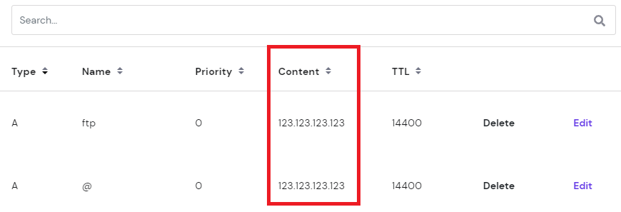 Hostinger DNS Zone Editor highlights the A records