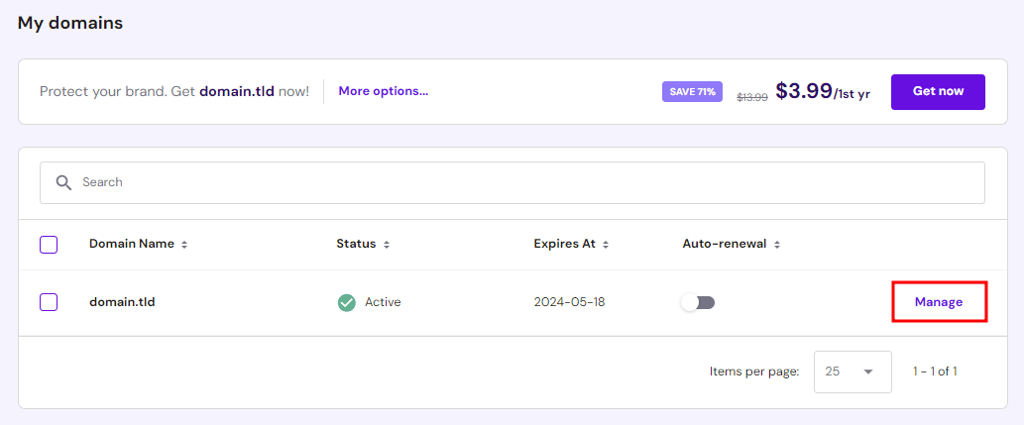 A list of domains in hPanel, highlighting the button to manage them