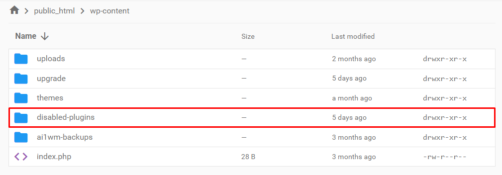 Hostinger File Manager highlights the disabled-plugins directory