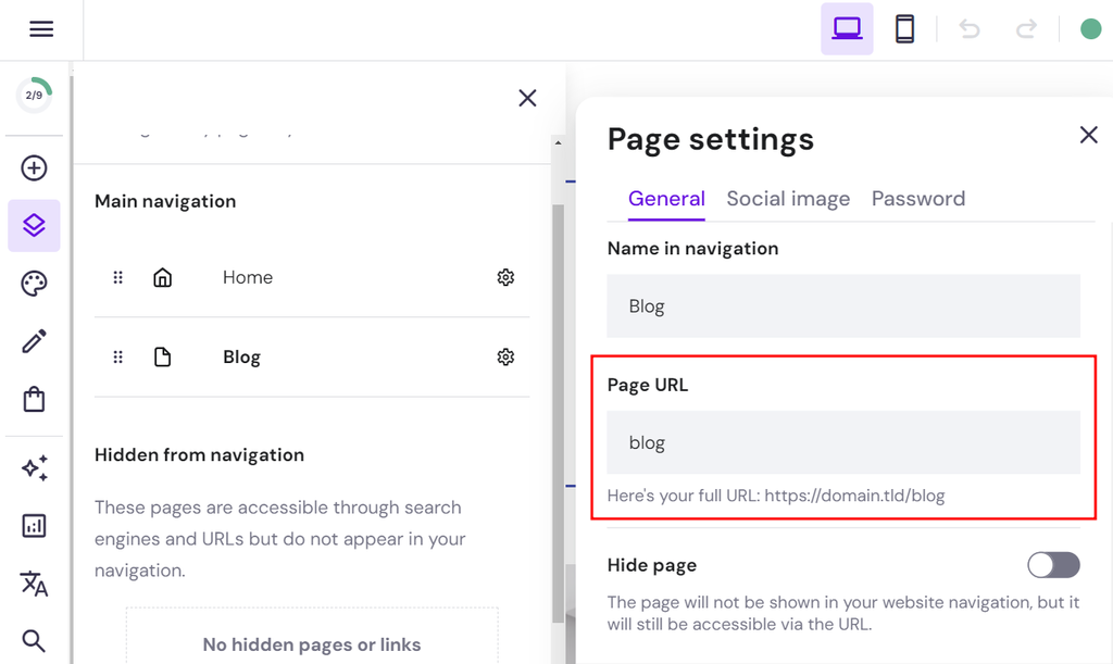 Hostinger Website Builder highlighting the option to change page URL