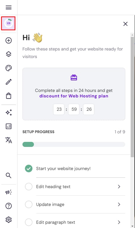 Hostinger Website Builder highlighting the Site Setup Checklist icon