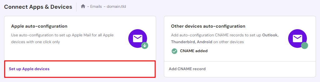 Hostinger's Apple auto-configuration feature highlighting the option to set up Apple devices