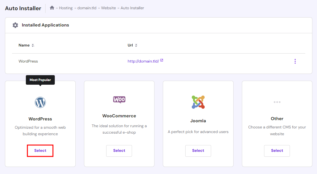 Auto installer in hPanel, highlighting the option to install WordPress