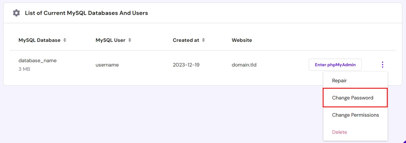 The list of MySQL databases and users in hPanel, highlighting the option to change a database's password