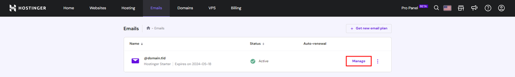 A list of email domains in Hostinger hPanel with the button to manage them highlighted