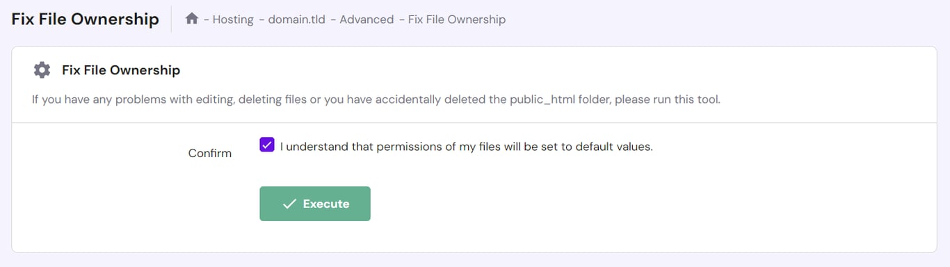 Resetting file permissions in hPanel
