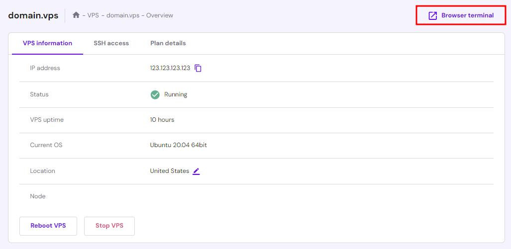 Hostinger VPS hosting dashboard highlighting access to Browser terminal