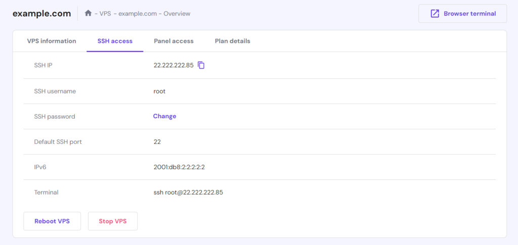 Finding SSH credentials in the SSH access tab of hPanel's VPS dashboard
