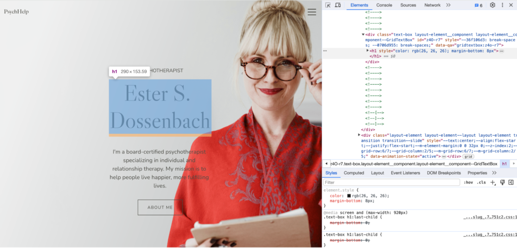 Google Chrome DevTools window open on the page