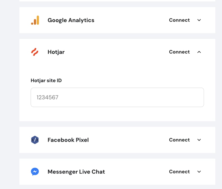 Closeup of Hotjar integration settings