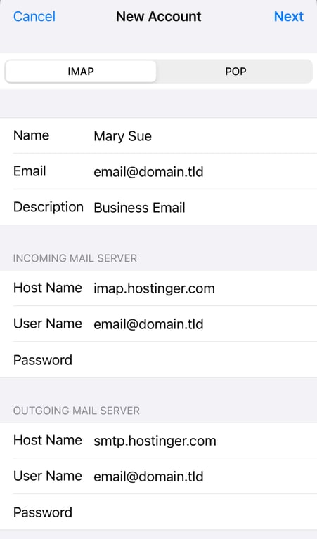 Adding email server settings to create a new Mail account on iPhone